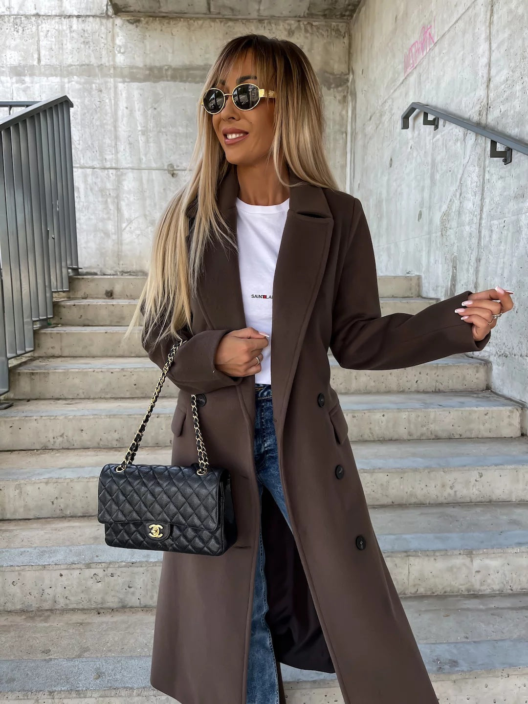 Women's Lapel Button Front Long Coat with Slit