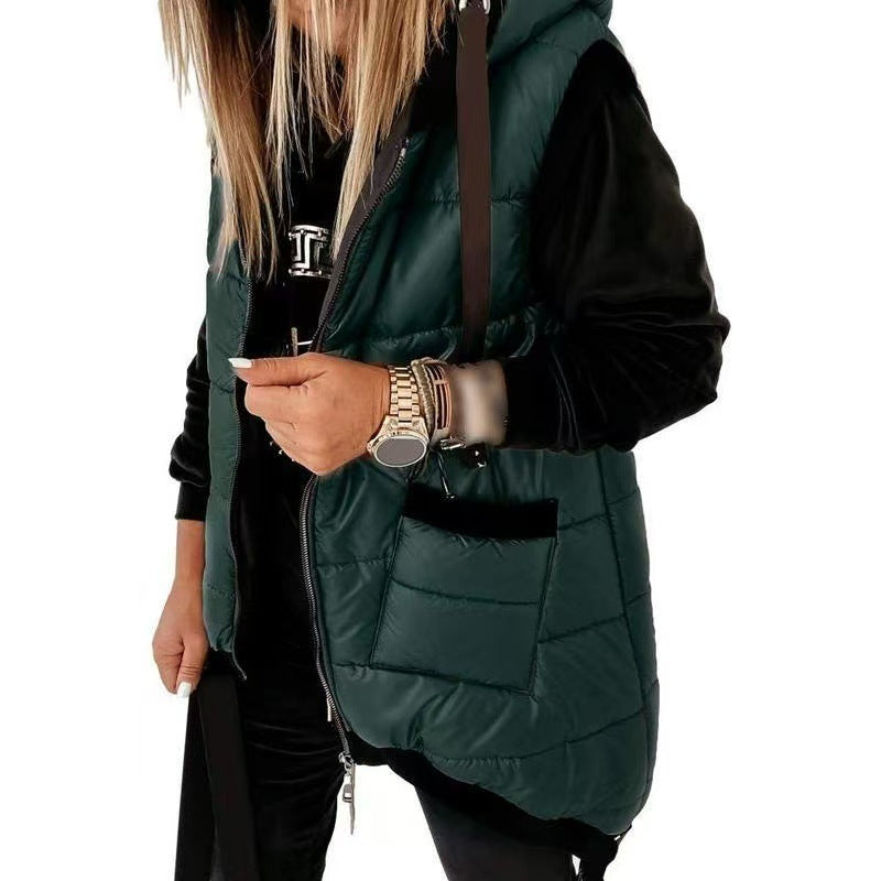 Oversized Hooded Zip-Up Puffer Vest with Pockets