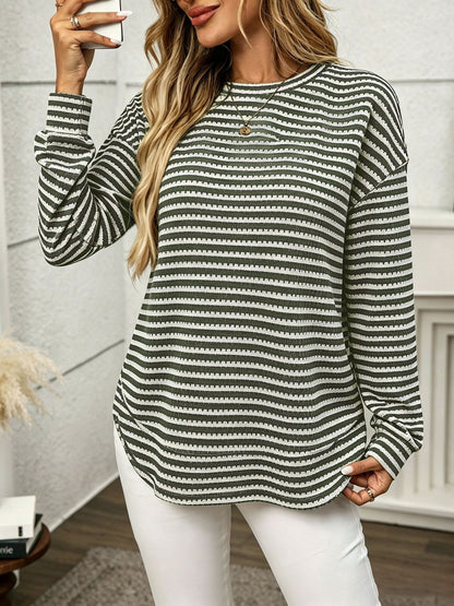 Striped waffle knit tunic top relaxed curved hem