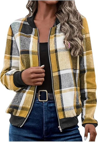 Women's Plaid Zip-Up Bomber Jacket Casual