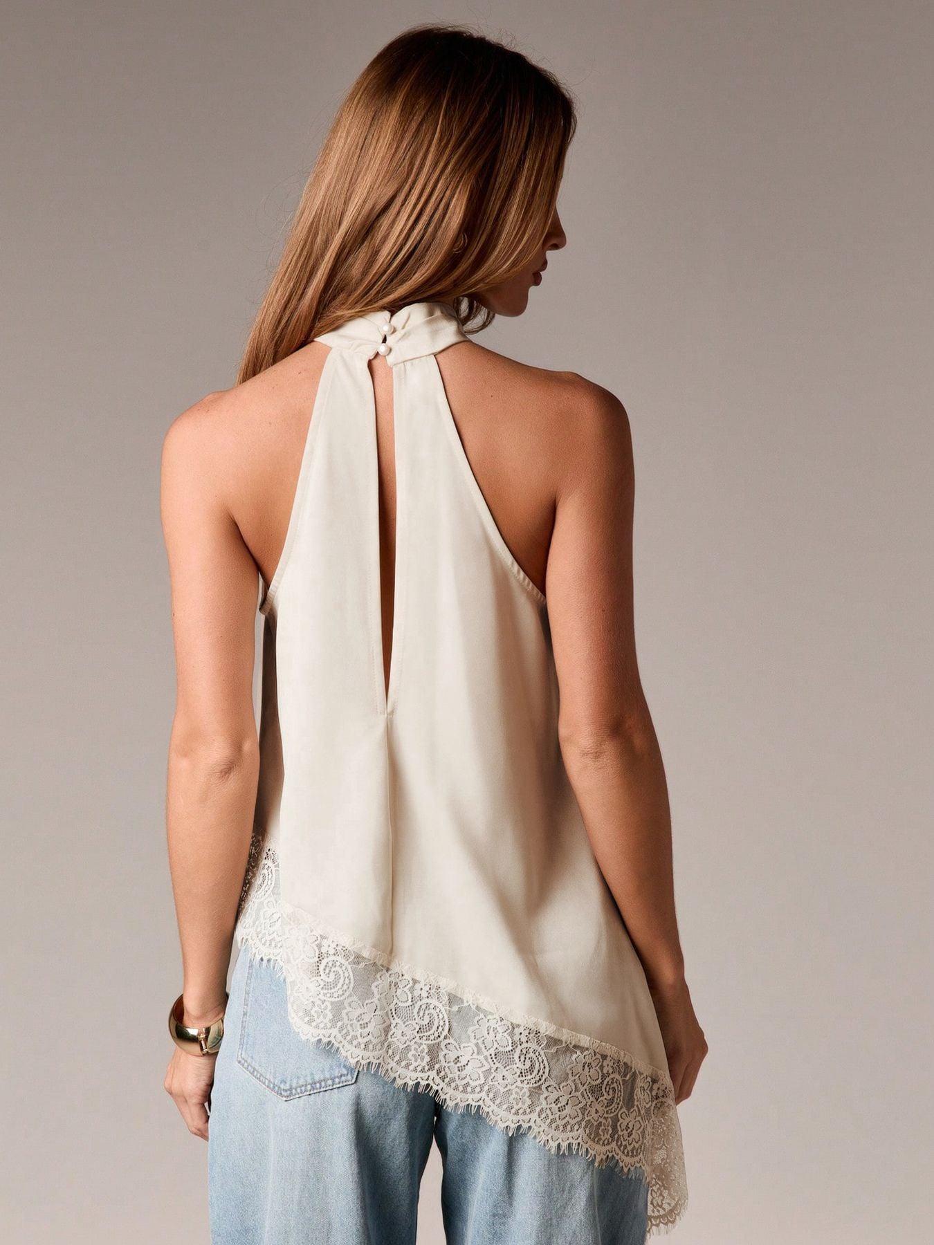 Satin Lace Trim Halter Tank Sleeveless Summer Top