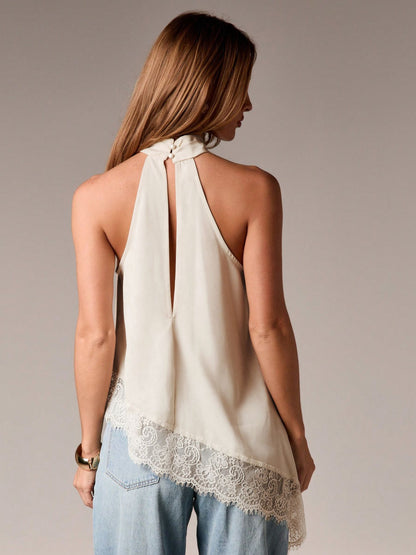 Satin Lace Trim Halter Tank Sleeveless Summer Top