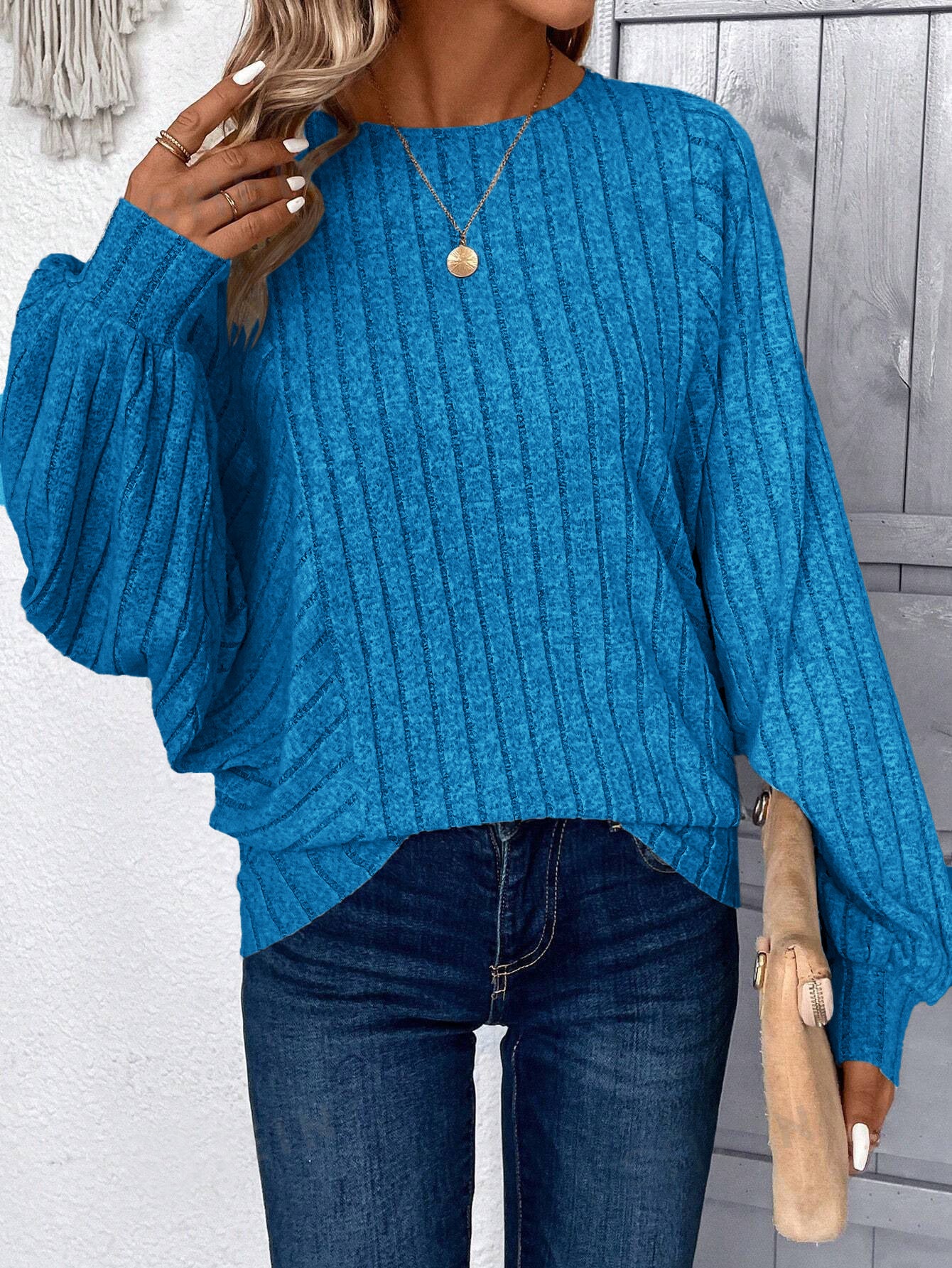 Plus Size Balloon Sleeve Ribbed Casual Fall Top