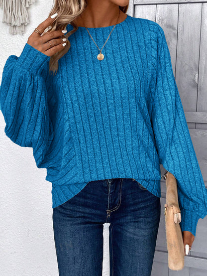 Plus Size Balloon Sleeve Ribbed Casual Fall Top