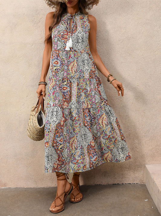 Boho Paisley Sleeveless Midi Dress Tassel Vacation