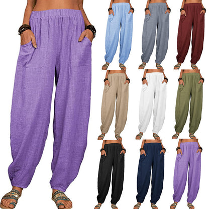 Women's Linen Harem Pants High Waist Loose Casual Boho
