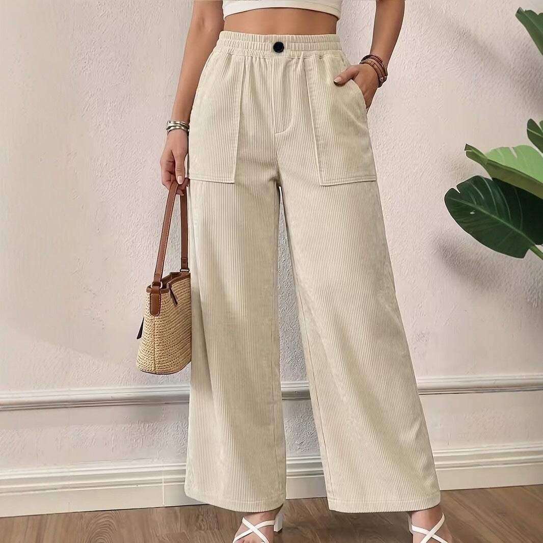 Women's High Waist Ribbed Wide Leg Casual Pants Pockets