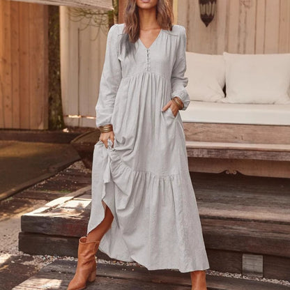 Women's Long Sleeve V-Neck Button Tiered Maxi Dress Pockets