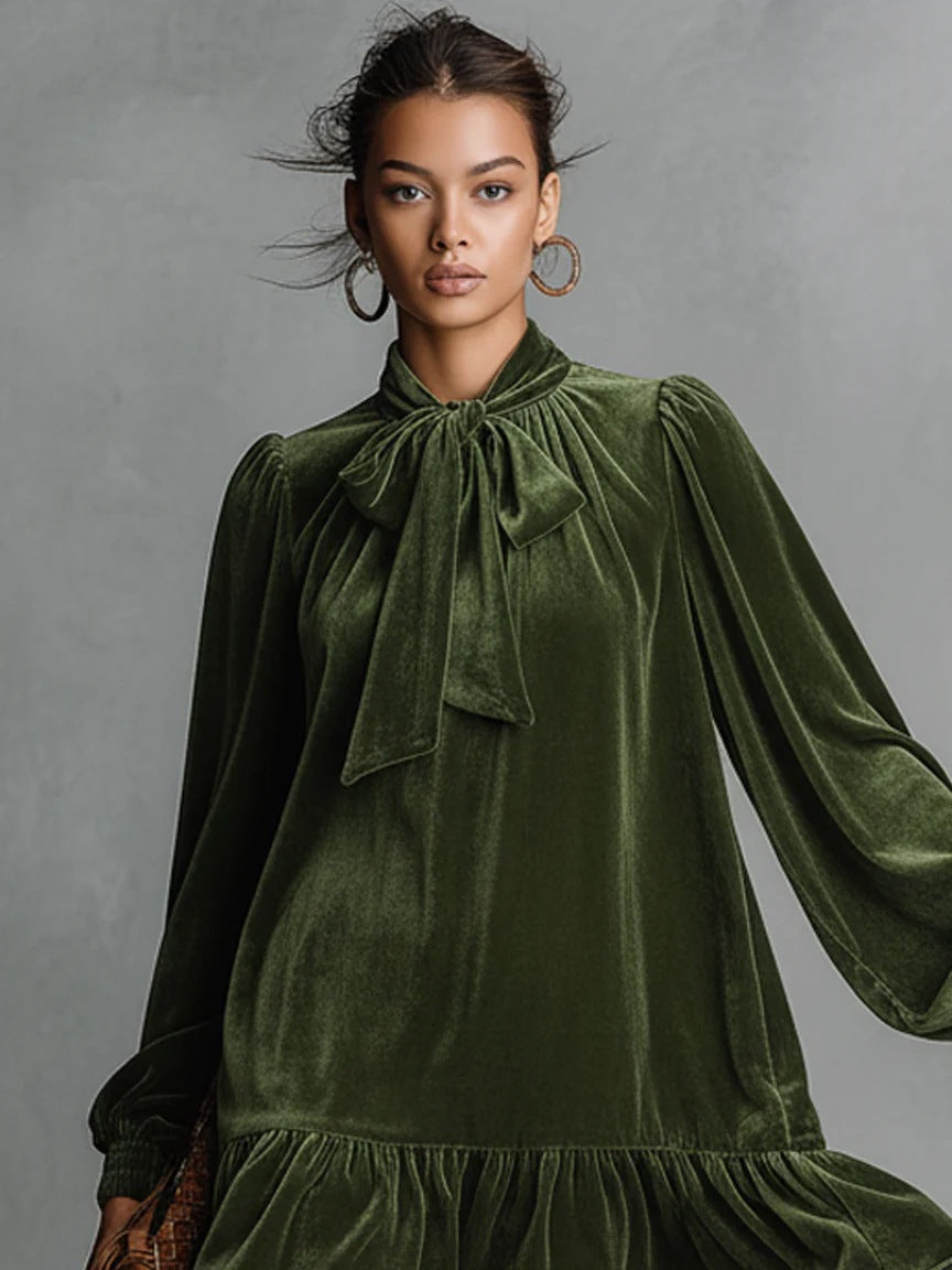 Women's Velvet Tie Neck Long Sleeve Ruffle Mini Dress