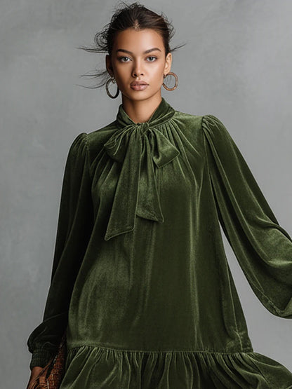 Women's Velvet Tie Neck Long Sleeve Ruffle Mini Dress