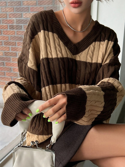 Women's Oversized V-Neck Striped Cable Knit Sweater