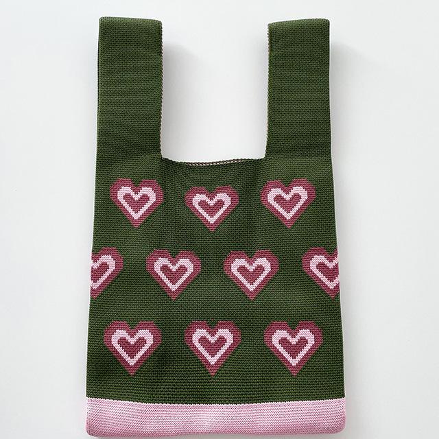 Heart Motif Woman's Knitted Tote Bag Knit Waist Bag