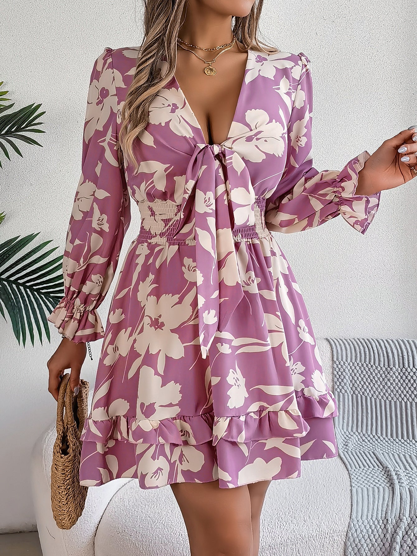 Floral V Neck Long Sleeve Ruffle Mini Dress