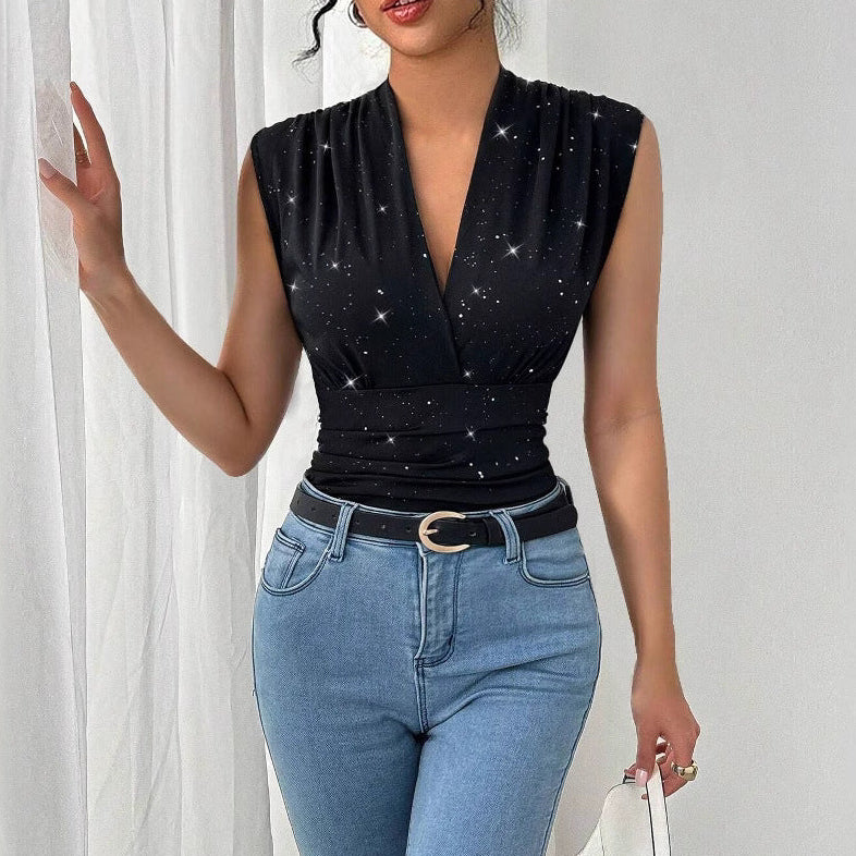 V-Neck Sequin Sleeveless Top for Women