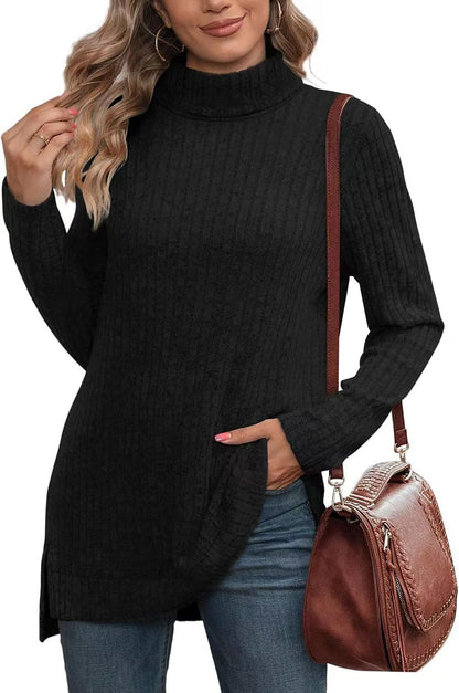 Oversized Ribbed Turtleneck Tunic Top Side Split