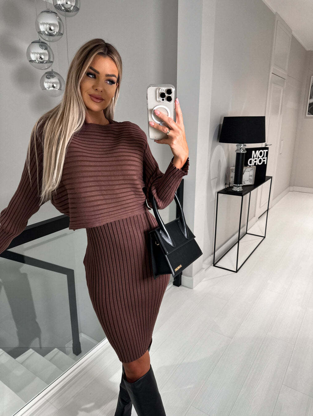 Women's Ribbed Knit Long Sleeve Top & Dress Two Piece Set
