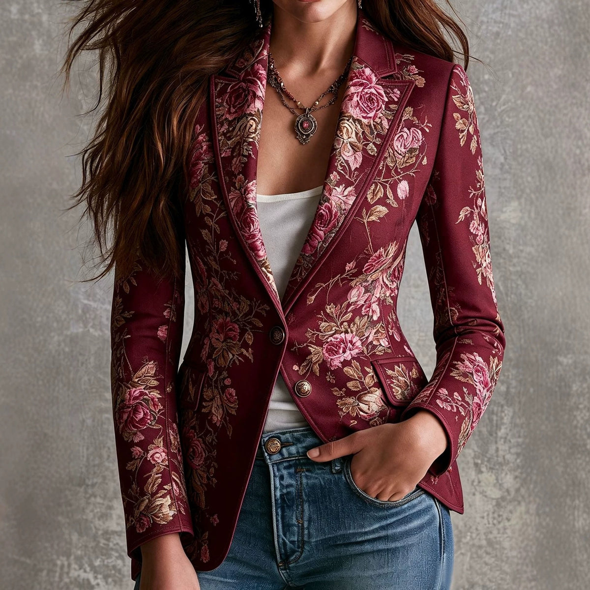 Women's Vintage Floral Faux Suede Blazer