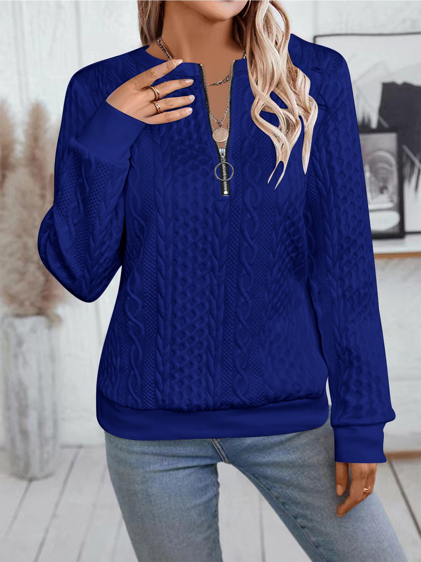 Women's Cable Knit Half Zip Pullover Sweatshirt Long Sleeve