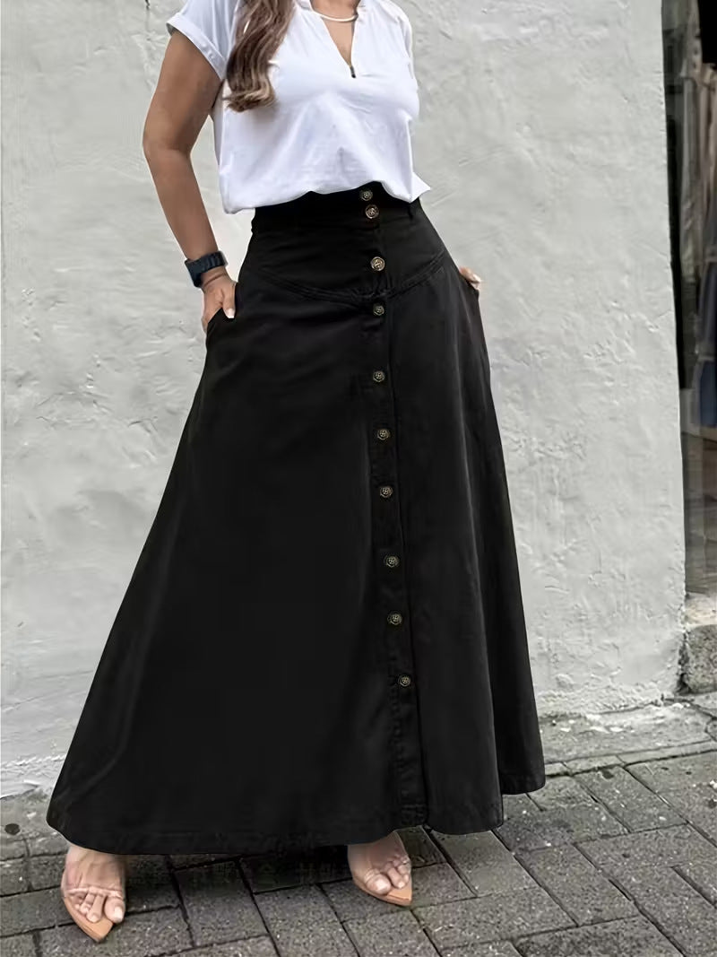 Women's High Waist Button Front Maxi Skirt A-Line Pockets