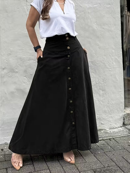 Women's High Waist Button Front Maxi Skirt A-Line Pockets