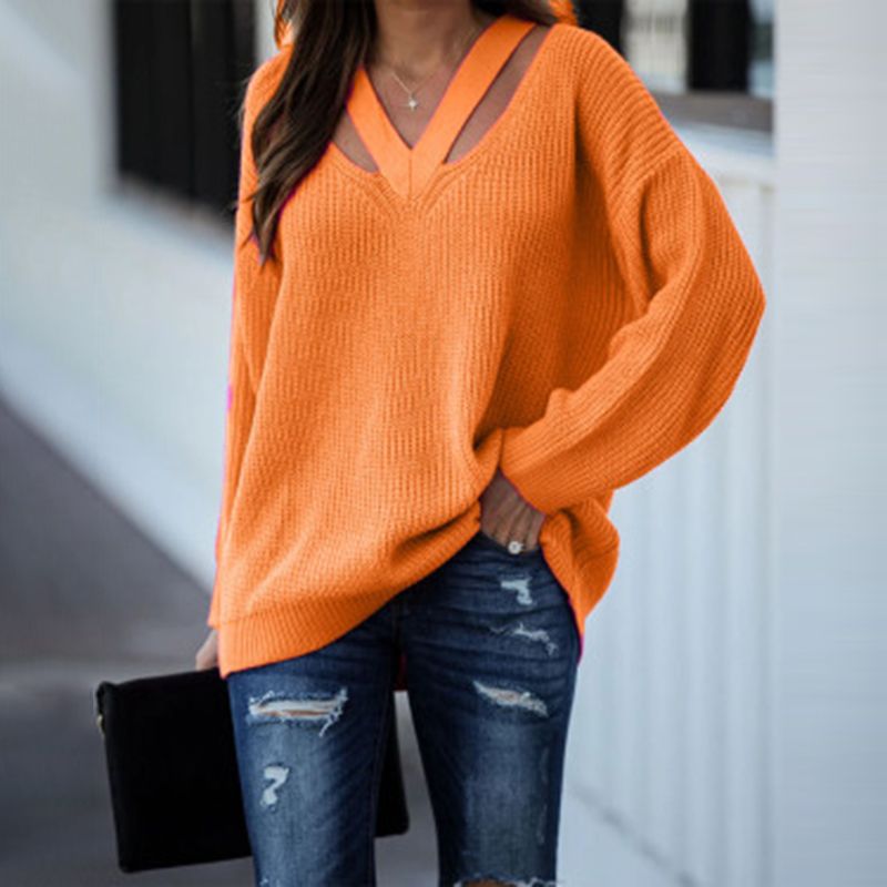 Women's Oversized V Neck Cut Out Knit Pullover Sweater