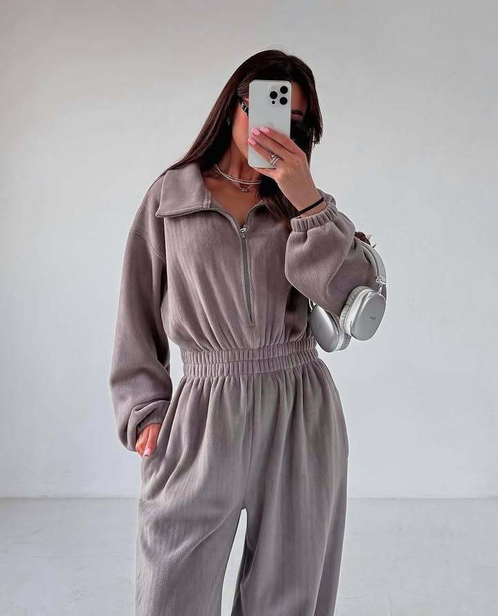 Zip Up Fleece Jumpsuit with Elastic Waist