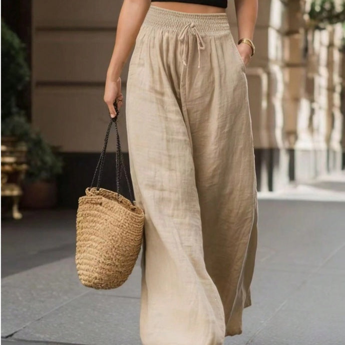 Women's Smocked High Waist Linen Blend Wide Leg Pants