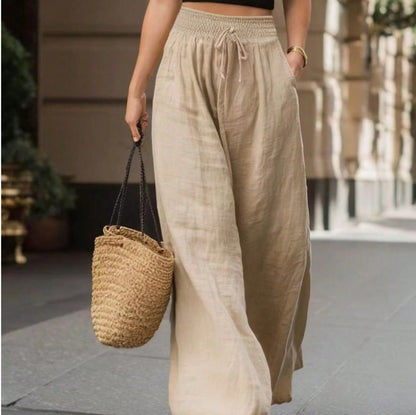 Women's Smocked High Waist Linen Blend Wide Leg Pants