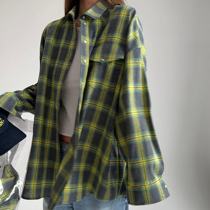 Women's Oversized Plaid Long Sleeve Button Down Shirt