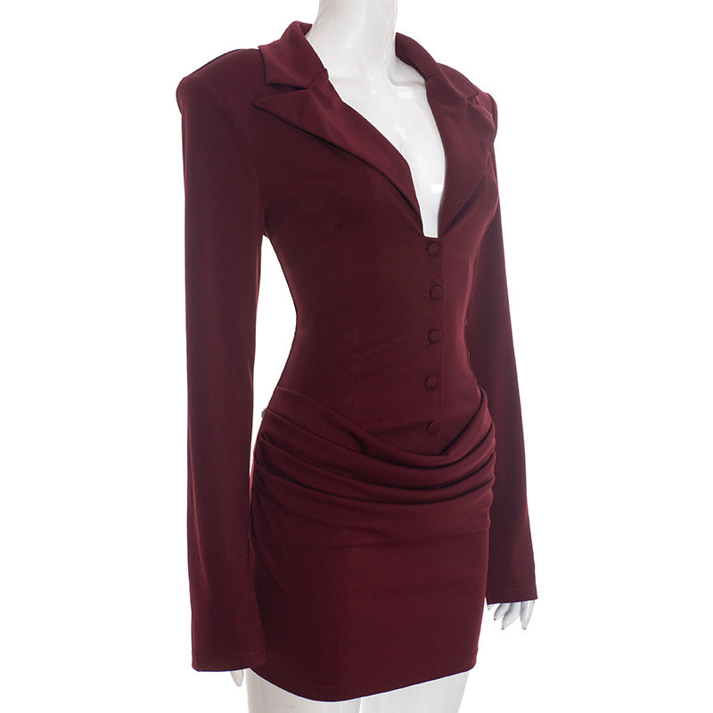Sexy Deep V Blazer Dress Long Sleeve Bodycon Mini Dress