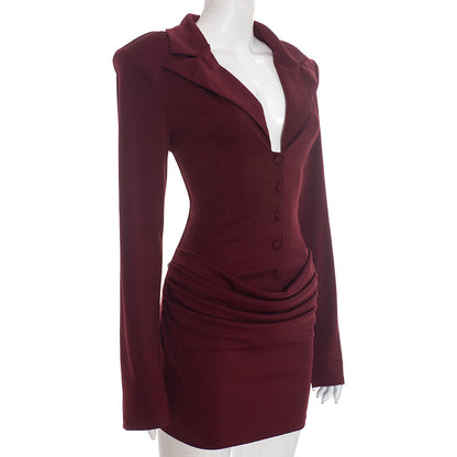 Sexy Deep V Blazer Dress Long Sleeve Bodycon Mini Dress