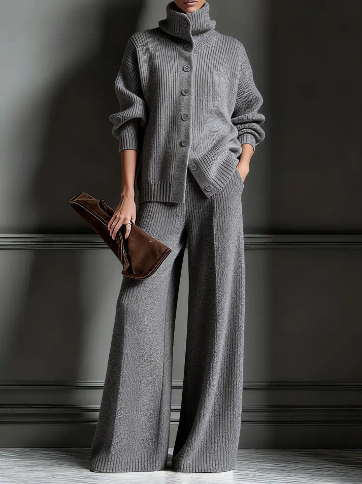 Women's Knit Turtleneck Cardigan Wide Leg Pants Set
