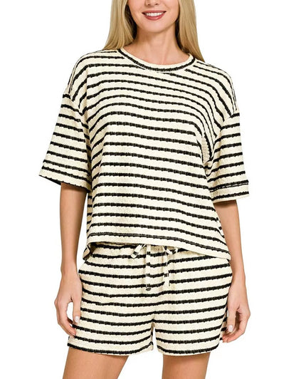 Stripe Textured Knit Lounge Set Casual Shorts Outfit