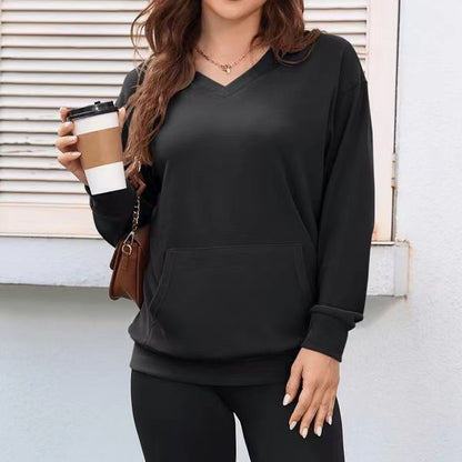 Women's Oversized V-Neck Sweatshirt Plus Size Pocket Top