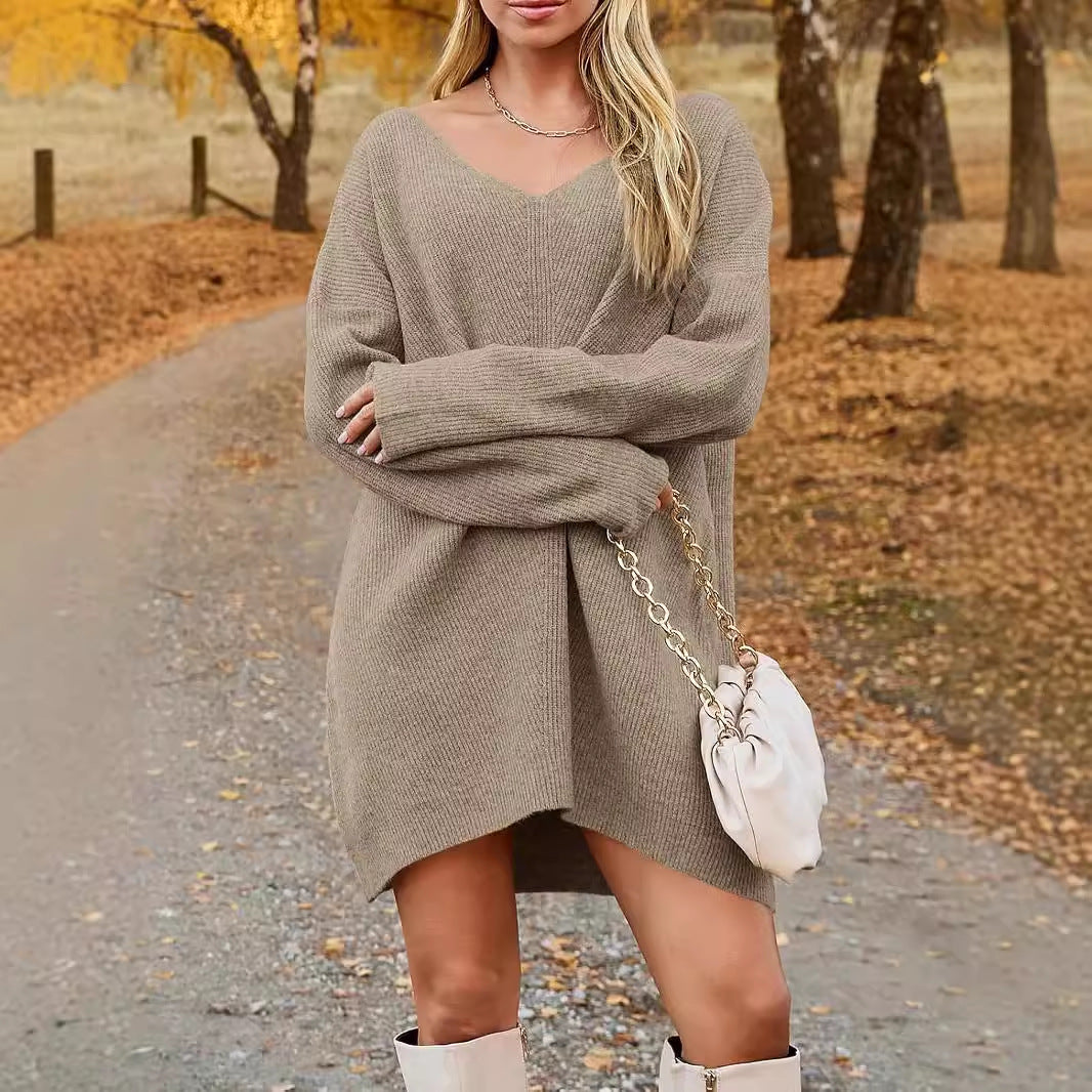 Oversized V Neck Chunky Knit Sweater Dress Long Sleeve