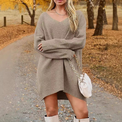 Oversized V Neck Chunky Knit Sweater Dress Long Sleeve