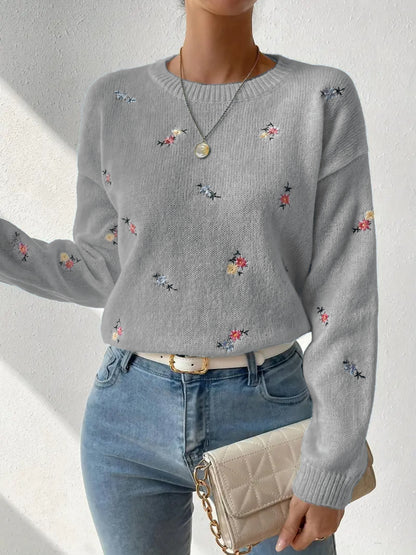 Women's Floral Embroidered Crew Neck Knit Sweater
