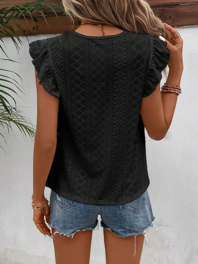 White Eyelet Lace Ruffle Sleeve Summer Blouse Women