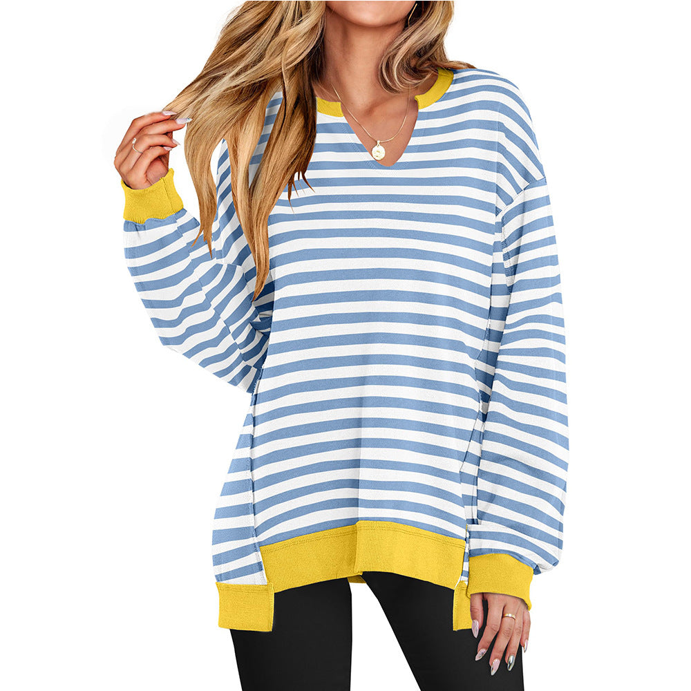 Bold Striped V-Neck Sweatshirt with Neon Contrast Trim