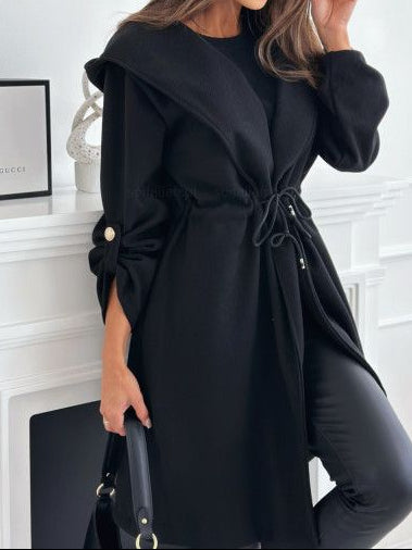 Women's Hooded Robe Coat Tie Waist Midi Solid