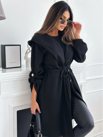Women's Hooded Tie Waist Midi Coat Jacket