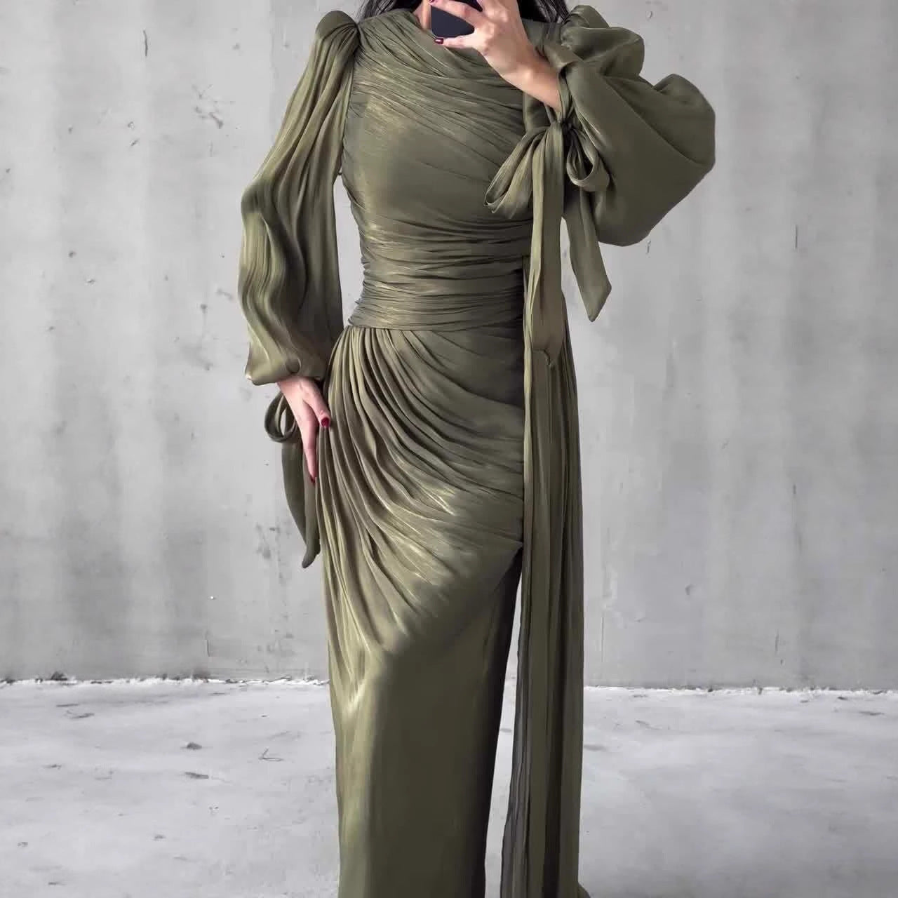 Elegant Ruched Long Sleeve Maxi Dress Evening Gown