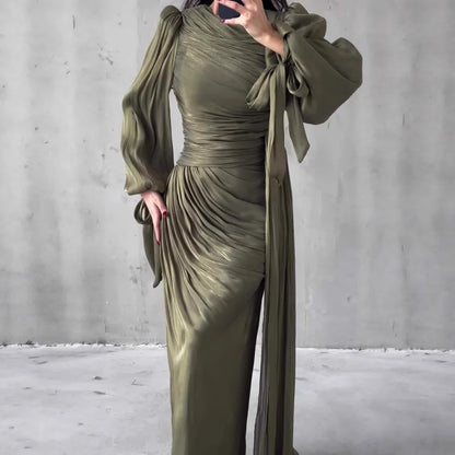 Elegant Ruched Long Sleeve Maxi Dress Evening Gown