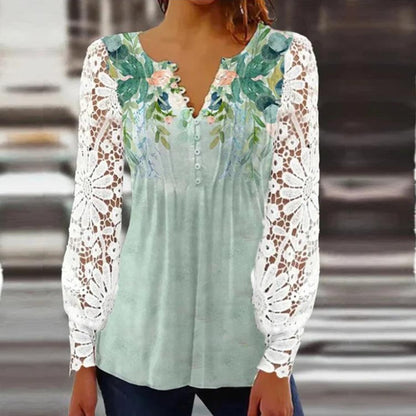 Women's Lace Sleeve Pleated V-Neck Blouse