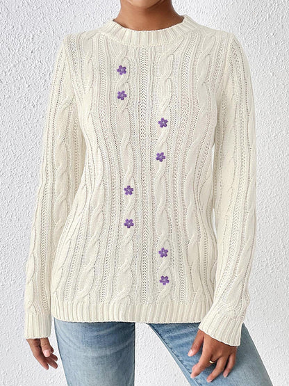 Women's Crew Neck Bottom Shirt Embroidered Flower Sweater