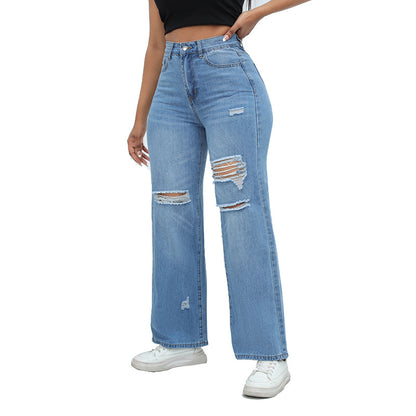 Ripped Denim Wide Leg Pants High Waist Casual Jeans
