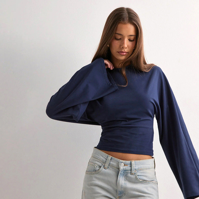 Women's Solid Batwing Long Sleeve Cinched Waist Crop Top