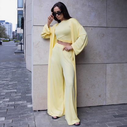 Women's 3 Piece Lounge Set Crop Top Wide Leg Pants Duster
