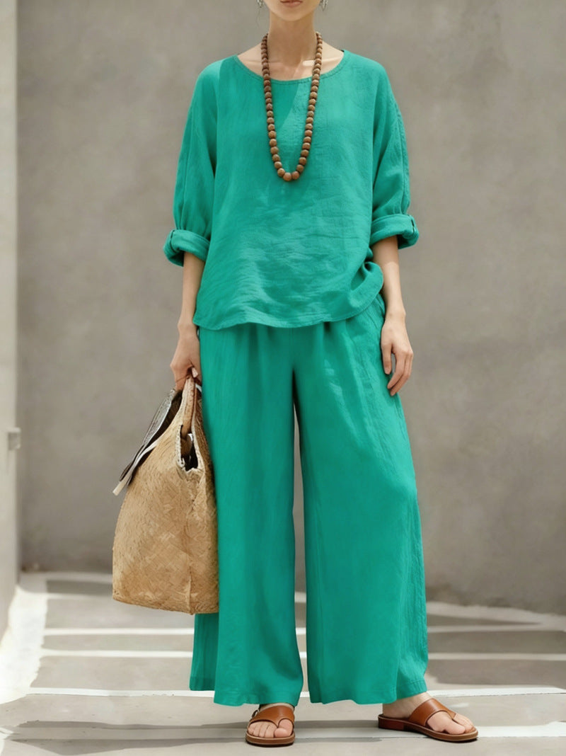 Women's Linen Cotton Matching Set Wide Leg Pants Two Piece