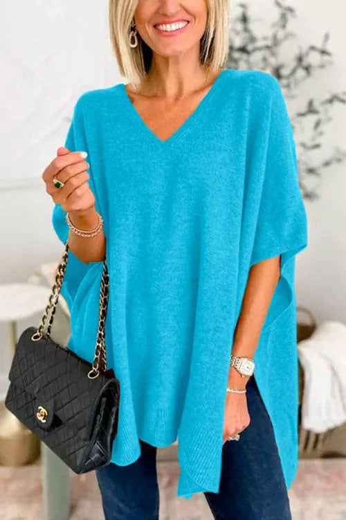Women's Oversized V-Neck Batwing Sleeve Knit Poncho Sweater